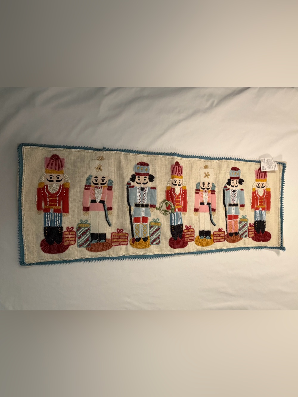 Festive Nutcracker Embroidered Table Runner - Cream Beadedand Multicolor